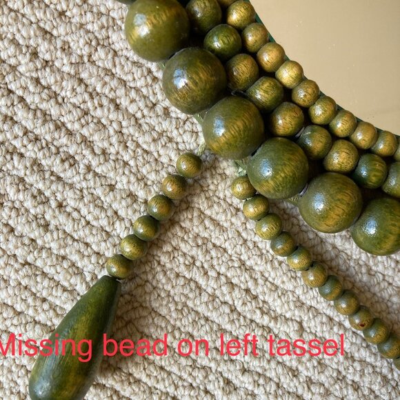 VTG Green Wooden Beads Tassels Frame Oval Mirror Boho Wall Hanging Cottagecore - Picture 13 of 17